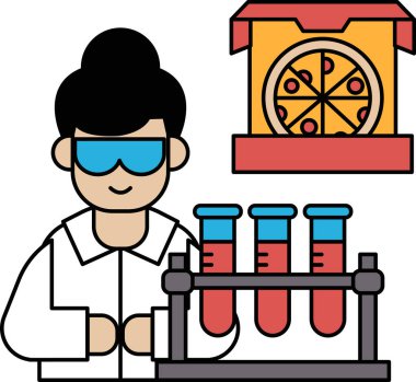 Laboratuvar önlüklü bir adam pizza kutusu tutuyor. Pizza kutusu bir pizzanın yanındaki masanın üzerinde.