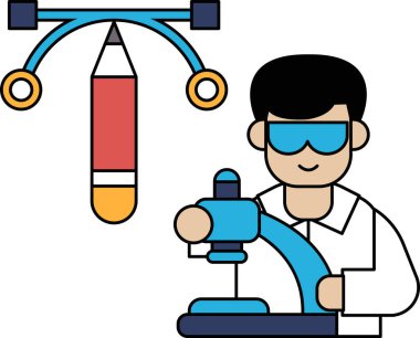 Bir adam kalemle resim çiziyor. Laboratuvar önlüğü ve gözlüğü takıyor. Kalem masanın üstünde.