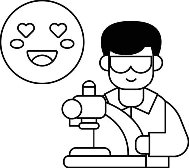 A man with a smile on his face is holding a microscope. The image is a black and white drawing of a man with a smile on his face holding a microscope