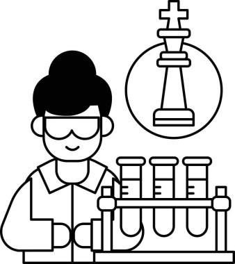A woman in a lab coat is holding a chess piece. The chess piece is above her head