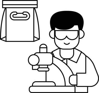 Laboratuvar önlüklü bir adam bir çanta tutuyor ve koruyucu gözlük takıyor. Gülümsüyor ve mutlu.