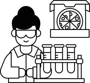 Laboratuvar önlüklü bir adam pizza kutusu tutuyor. Pizza kutusu bir pizzanın yanındaki masanın üzerinde.