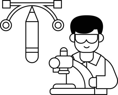 Bir adam kalemle resim çiziyor. Laboratuvar önlüğü ve gözlüğü takıyor. Kalem masanın üstünde.