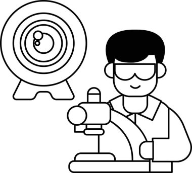 Laboratuvar önlüklü bir adam mikroskop tutuyor. Gülümsüyor ve işinden zevk alıyor. Merakın ve bilimsel keşiflerin kavramı