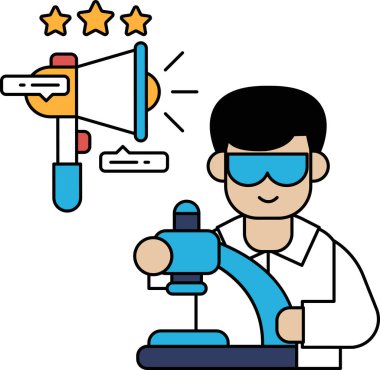 Laboratuvar önlüklü bir adam mikrofon tutuyor ve gözlük takıyor. Gülümsüyor ve bir şey için heyecanlı.