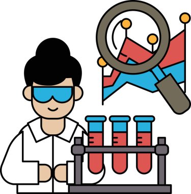 Laboratuvar önlüklü bir kadın elinde büyüteçle bir grafiğe bakıyor. Bilimsel araştırma ve analiz kavramı