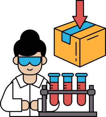 Laboratuvar önlüklü bir kadın, üzerinde aşağı doğru ok olan bir kutu tutuyor. Laboratuvarda çalışan bir bilim adamı kavramı ve uygun prosedürleri ve güvenlik önlemlerini izlemenin önemi