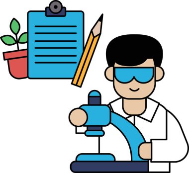 Bir adam bir kalem tutuyor ve bir panoya yazı yazıyor. Panonun üzerinde bir bitki var. Adam güvenlik gözlüğü takıyor.