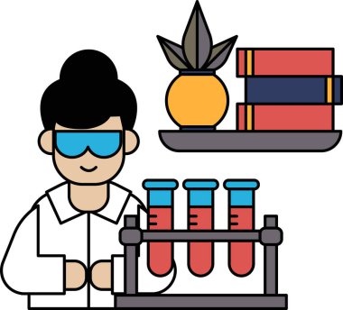 Laboratuvar önlüklü bir adam elinde bir deney şişesi tutuyor ve koruyucu gözlük takıyor. Etrafı kitaplar ve saksı bitkileriyle çevrili. Bilimsel keşif ve keşif kavramı