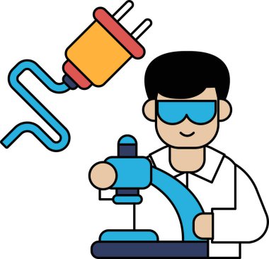 Laboratuvar önlüklü bir adam elinde bir kablo ve bir fiş tutuyor. Güvenlik gözlüğü ve laboratuvar önlüğü takıyor.