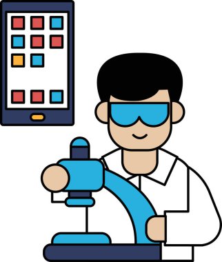 Laboratuvar önlüklü bir adam cep telefonu tutuyor ve koruyucu gözlük takıyor. Gülümsüyor ve eğleniyor.