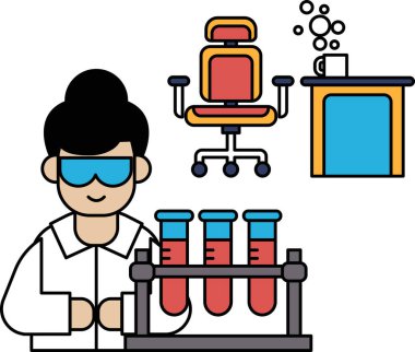 Önlüklü bir kadın üç deney şişesiyle çalışıyor. Güvenlik gözlüğü ve laboratuvar önlüğü takıyor.