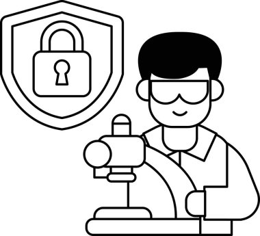 Gözlüklü ve laboratuvar önlüklü bir adam tuş takımlı bir makine üzerinde çalışıyor. Makine bir güvenlik bariyeriyle çevrili.