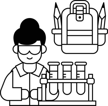 Laboratuvar önlüklü bir adam elinde bir kalem ve bir sırt çantası tutuyor. Gülümsüyor ve mutlu.