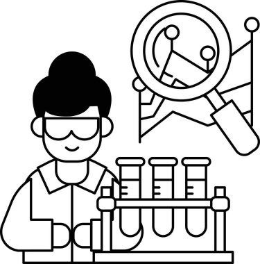 Laboratuvar önlüklü bir kadın elinde büyüteçle bir grafiğe bakıyor. Bilimsel araştırma ve analiz kavramı