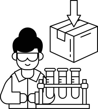 Laboratuvar önlüklü bir kadın, üzerinde aşağı doğru ok olan bir kutu tutuyor. Laboratuvarda çalışan bir bilim adamı kavramı ve uygun prosedürleri ve güvenlik önlemlerini izlemenin önemi