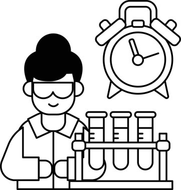 Laboratuvar önlüklü bir kadın deney şişesi tutuyor ve arkasında bir saat var. Saat neredeyse gitme vaktinin geldiğini gösteriyor.