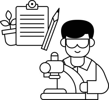 Bir adam bir kalem tutuyor ve bir panoya yazı yazıyor. Panonun üzerinde bir bitki var. Adam güvenlik gözlüğü takıyor.