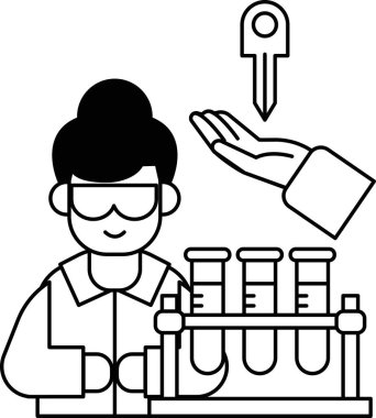 Laboratuvarın anahtarını elinde tutan laboratuvar önlüklü bir kadın. Bilimsel keşif kavramı ve yeni bilginin kilidini açmanın önemi