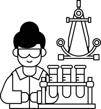 Laboratuvar önlüklü bir adam elinde bir beher ve cetvel tutuyor. Bilimsel keşif ve keşif kavramı