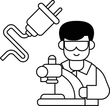 Laboratuvar önlüklü bir adam elinde bir kablo ve bir fiş tutuyor. Güvenlik gözlüğü ve laboratuvar önlüğü takıyor.