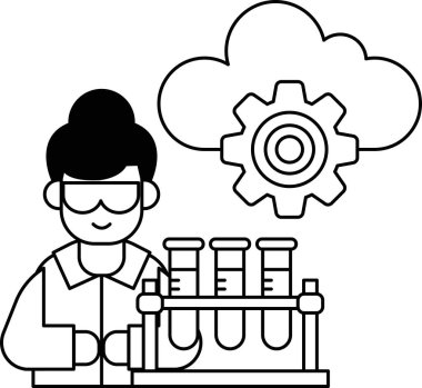 Laboratuvar önlüklü bir adam, üzerinde teçhizat olan bir makineyle çalışıyor. Adam gözlük takıyor ve işine odaklanmış durumda. Bilimsel keşif ve keşif kavramı