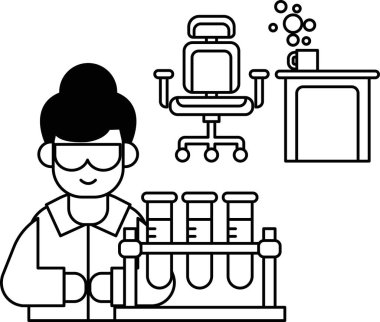 Önlüklü bir kadın üç deney şişesiyle çalışıyor. Güvenlik gözlüğü ve laboratuvar önlüğü takıyor.