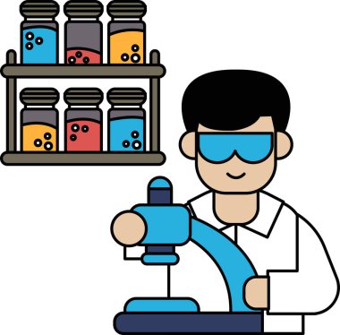 A man in a lab coat is working with a microscope. He is wearing safety goggles and he is focused on his work