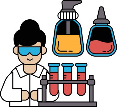 A man in a lab coat is working with a few glass beakers. Concept of scientific exploration and discovery
