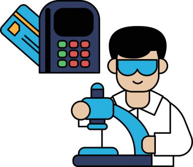 A man is standing in front of a machine with a smile on his face. He is holding a credit card and a calculator. Concept of happiness and accomplishment