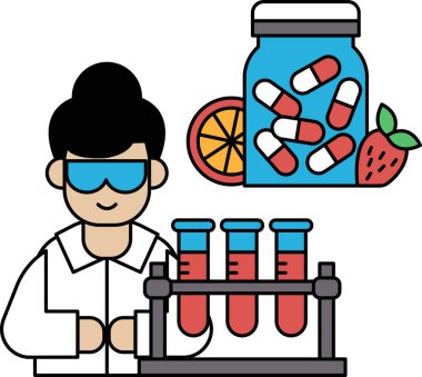 Laboratuvar önlüklü bir adam bir kavanoz hap ve bir şişe meyve ile çalışıyor. Bilimsel merak ve deney kavramı