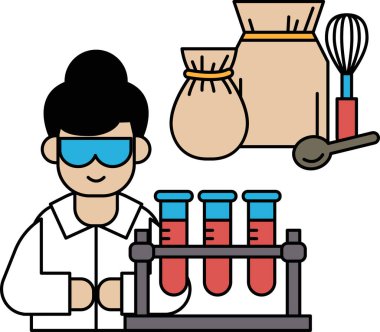 Önlüklü bir adam üç test tüpüyle çalışıyor. Güvenlik gözlüğü ve laboratuvar önlüğü takıyor.