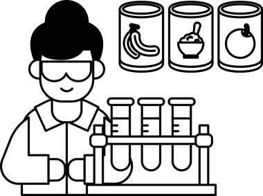 A woman in a lab coat is holding three test tubes. The tubes are labeled with the names of different foods, including bananas, apples, and oranges. The woman is smiling
