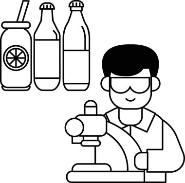A man in a lab coat is working on a machine. He is wearing safety goggles and a lab coat. There are several bottles and a cup on the table
