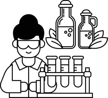 A man in a lab coat is holding a beaker and a bottle of liquid. Concept of scientific experimentation and discovery