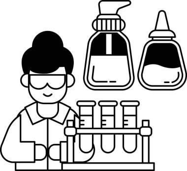 A man in a lab coat is working with a few glass beakers. Concept of scientific exploration and discovery