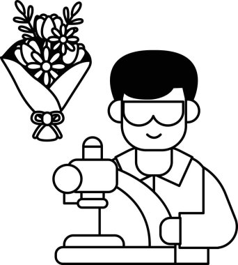 Laboratuvar önlüklü bir adam mikroskop üzerinde çalışıyor. Gülümsüyor ve işinden zevk alıyor. Merakın ve bilimsel keşiflerin kavramı