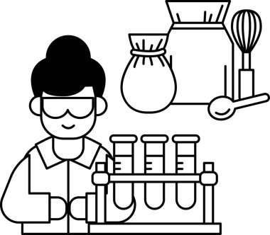 Önlüklü bir adam üç test tüpüyle çalışıyor. Güvenlik gözlüğü ve laboratuvar önlüğü takıyor.