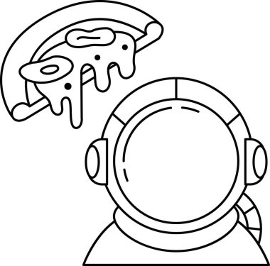 Bir dilim pizza bir tabakta, uzay elbisesi giymiş bir adamın yanında. Pizza peynir ve sosla kaplı ve adam kask takıyor. Macera ve keşif kavramı