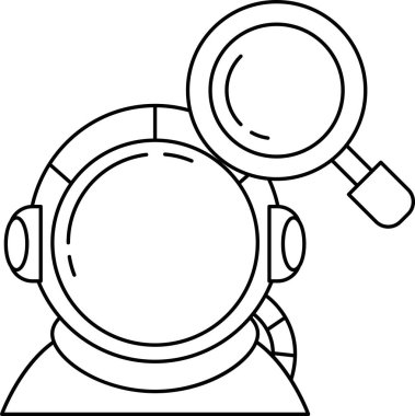 Kafasında büyüteç olan uzay kıyafetli bir adam. Keşif ve merak kavramı