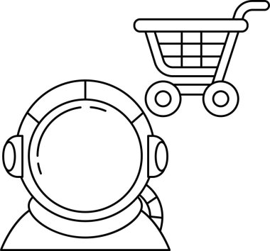 Uzay kıyafetli bir adam bir alışveriş arabasının yanında duruyor. Macera ve keşif kavramı, sanki adam yeni bir gezegene doğru yola çıkmak üzereymiş gibi.