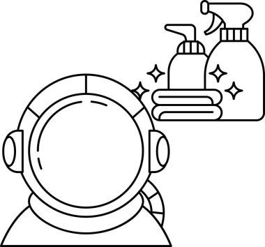 Yanında sprey şişesi olan uzay elbisesi giymiş bir adamın karikatürü. Sprey şişede 