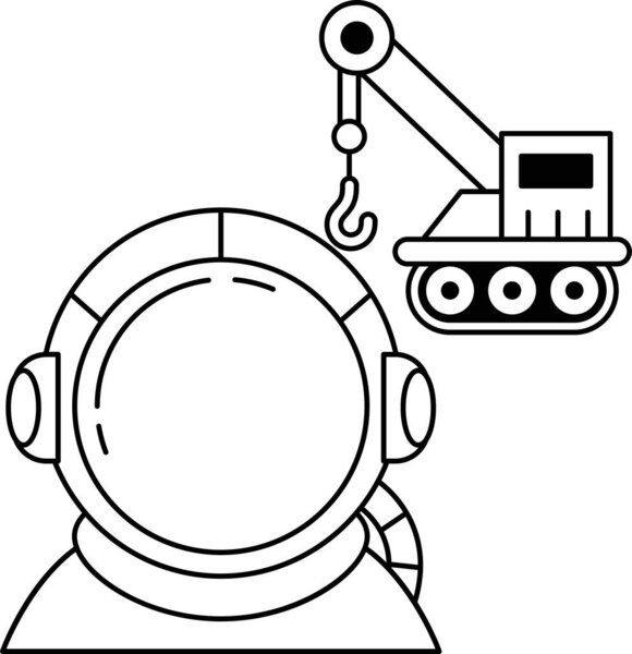 A man in a space suit is being lifted by a crane. The crane is positioned to the right of the man, and it is lifting him up. The scene is likely set in a construction or industrial environment