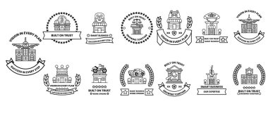 A collection of building icons. Some of the icons are buildings, some are trees, and some are other objects