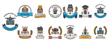 Mavi kurdeleli bir şehir rozeti koleksiyonu. Rozetler farklı boyutlarda ve şekillerde, ve hepsi benzer tasarıma sahip.