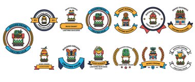 A collection of symbols and logos for various businesses. The symbols include a bird, a house, a tree, and a building