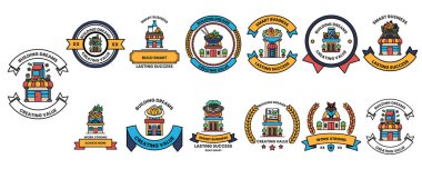 A collection of colorful and stylized badges, each with a different design and concept. Scene is cheerful and playful, with a focus on creativity and individuality