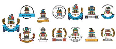 A collection of symbols and designs, including a house, a tree, and a building. The symbols are all different sizes and colors, and they are arranged in a grid