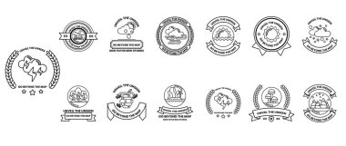 A collection of symbols and logos, including a horse, a tree, and a bird. The symbols are all black and white