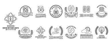 Sınırların Ötesindeki Büyüme adlı bir şirket için logo koleksiyonu. Logoların hepsi siyah beyaz ve çeşitli sembol ve tasarımlar içeriyor.